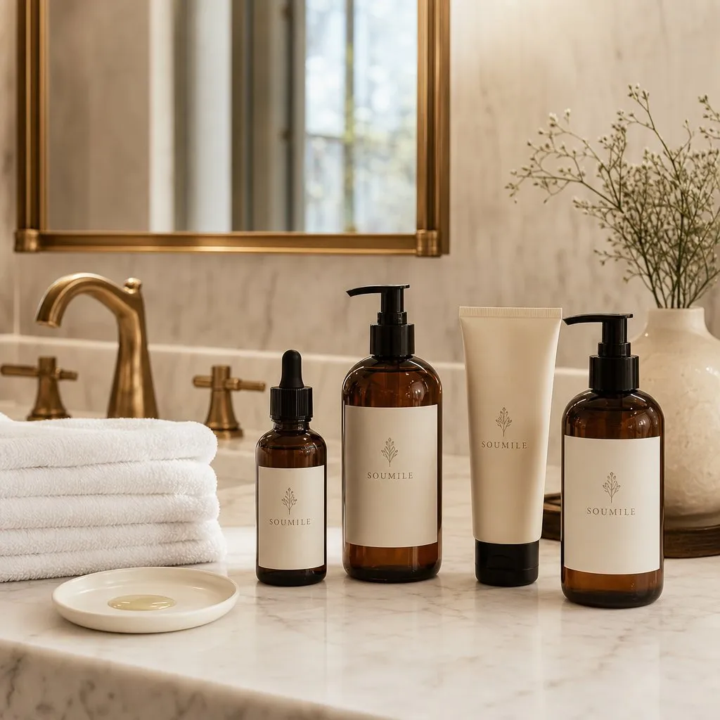SOUMILE Bergamot Guest Bath Series — in use in a hotel guest room setting