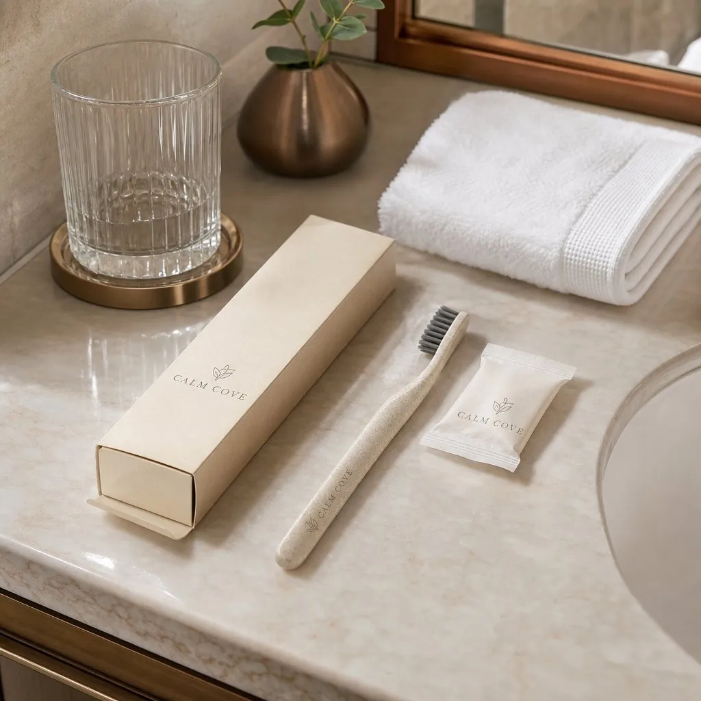 Hotel Dental Kit — in use in a hotel guest room setting