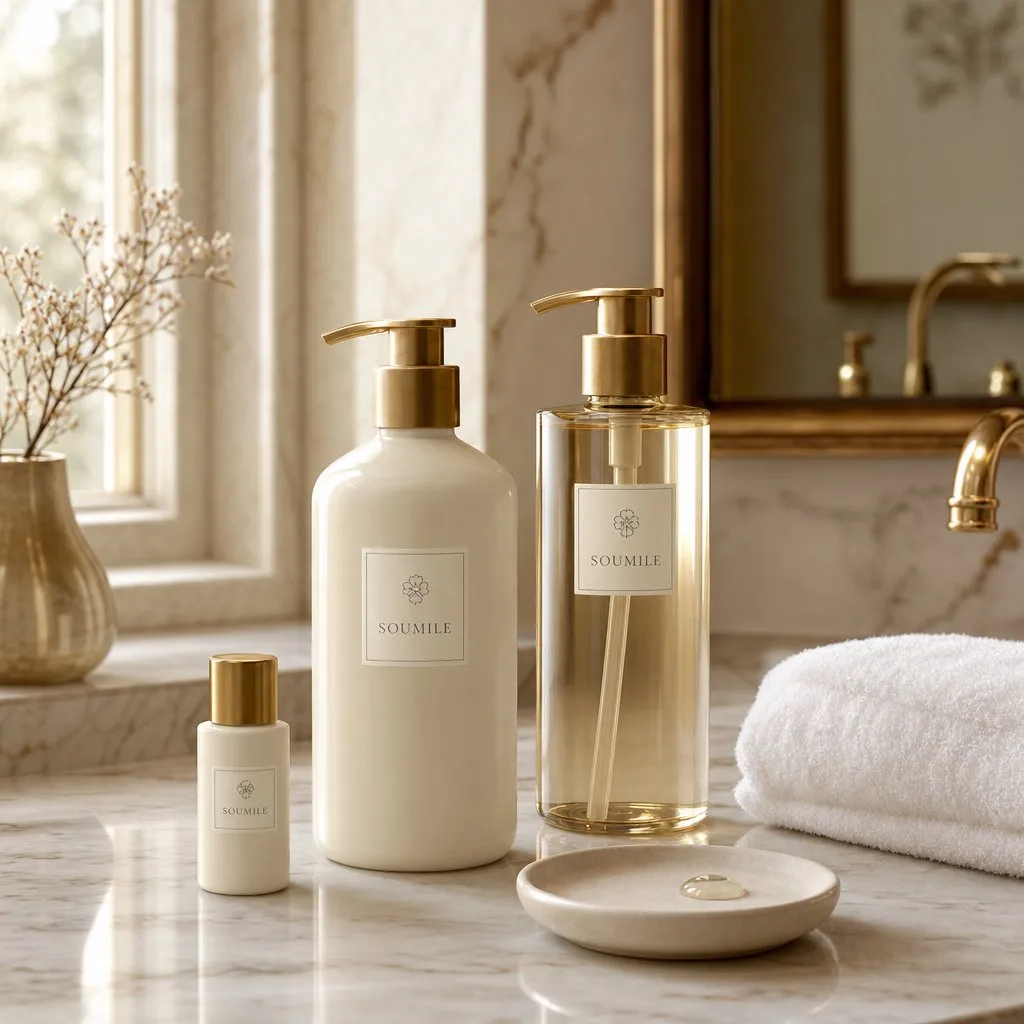 SOUMILE Coco Bath Series (35ml / 300ml / 500ml) — in use in a hotel guest room setting