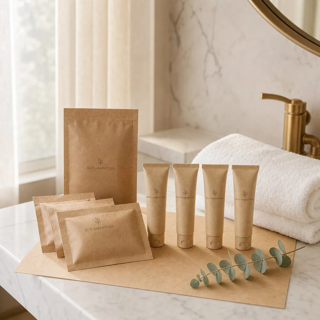 ECO Hello World Kraft Kit (Straw-Material Tubes) — in use in a hotel guest room setting
