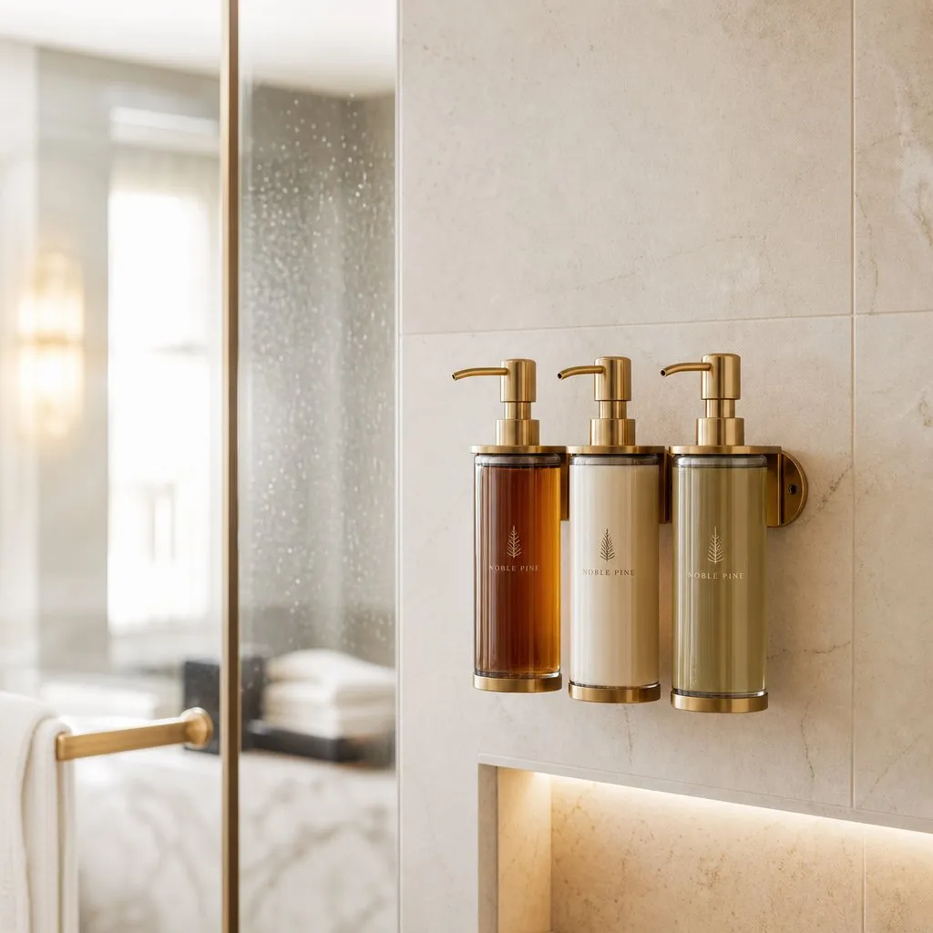 Triple Wall-Mounted Dispenser — in use in a hotel guest room setting