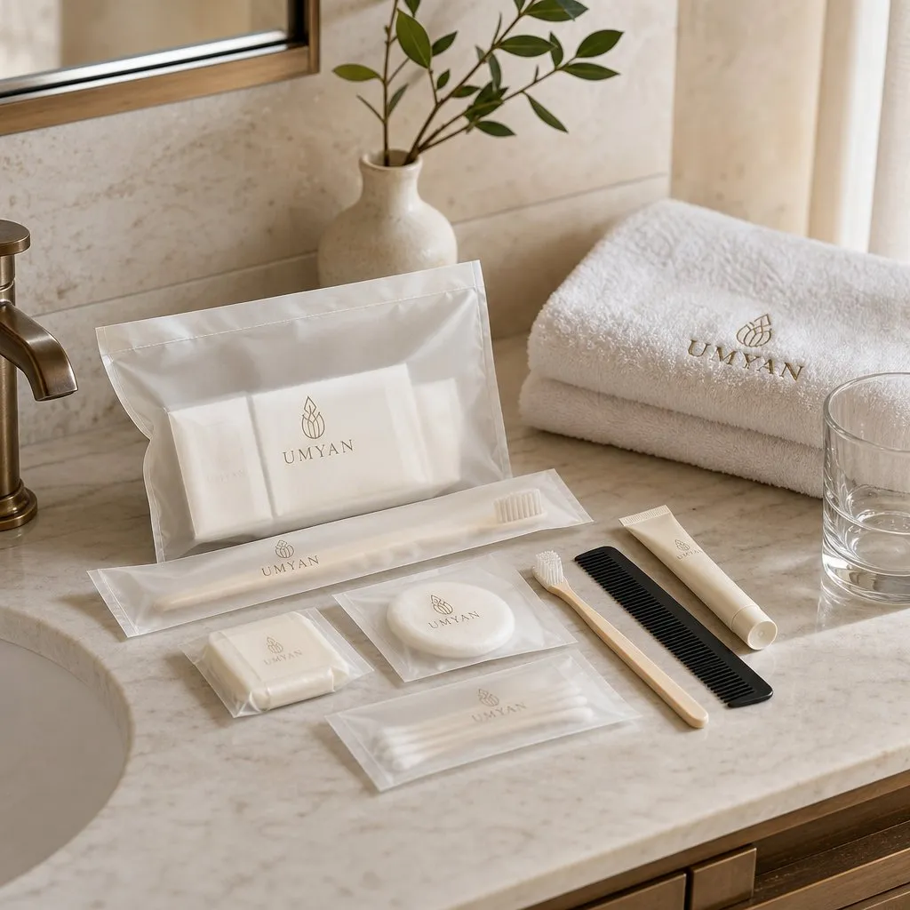 UMYAN Antibacterial Bag Amenity Kit — in use in a hotel guest room setting