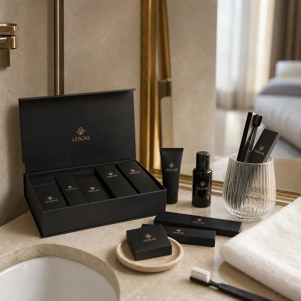 LESCAS Mystery Gold Amenity Kit (Black Card Box) — in use in a hotel guest room setting