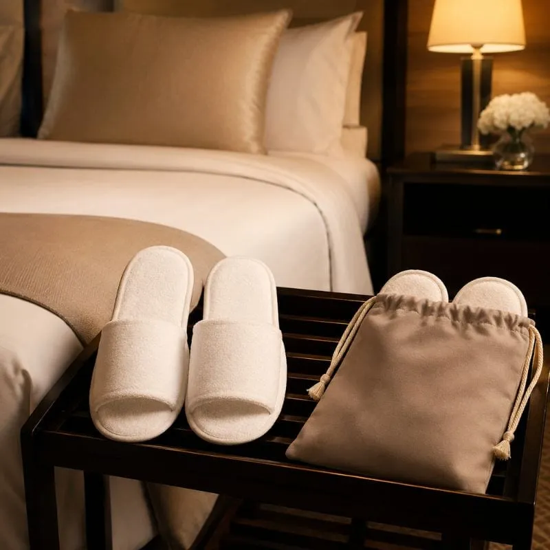 Open-toe terry hotel slippers by UMYAN with a drawstring pouch on a bench beside the guest bed