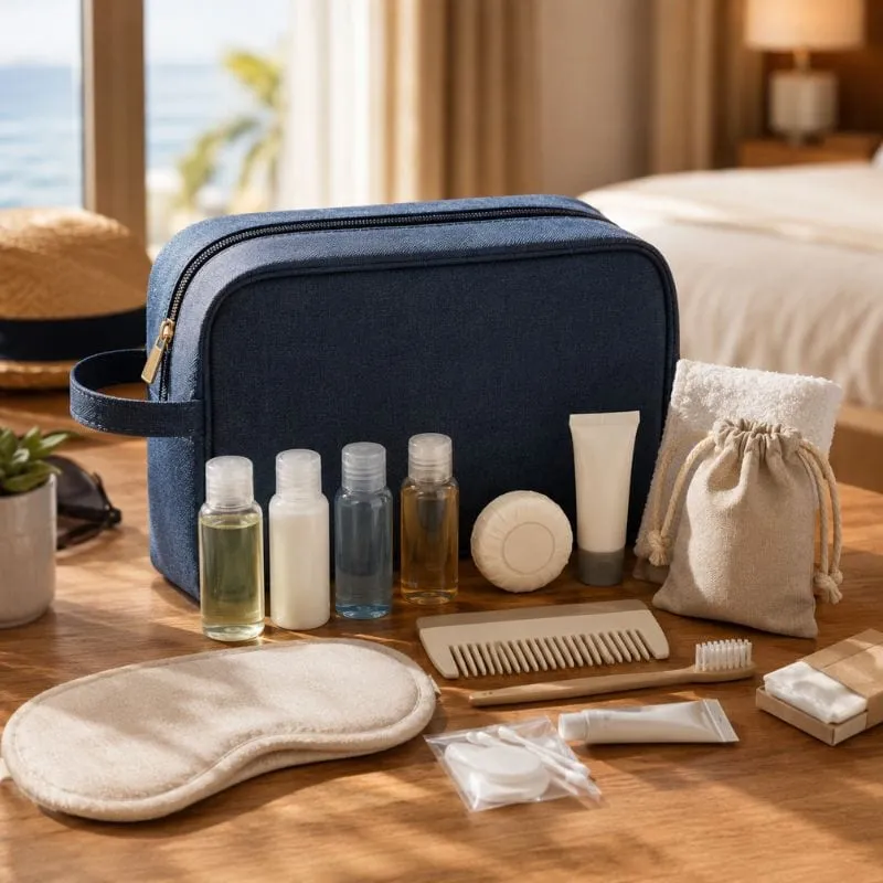 Travel amenity kit by UMYAN — navy wash bag with bath minis, pleated soap, bamboo comb, toothbrush and eye mask