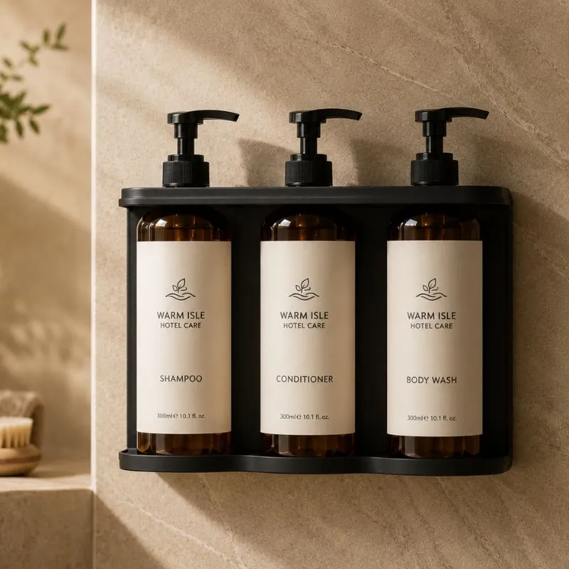 Wall-mounted hotel dispenser by UMYAN — three 300ml refillable pump bottles of shampoo, conditioner and body wash on a black bracket